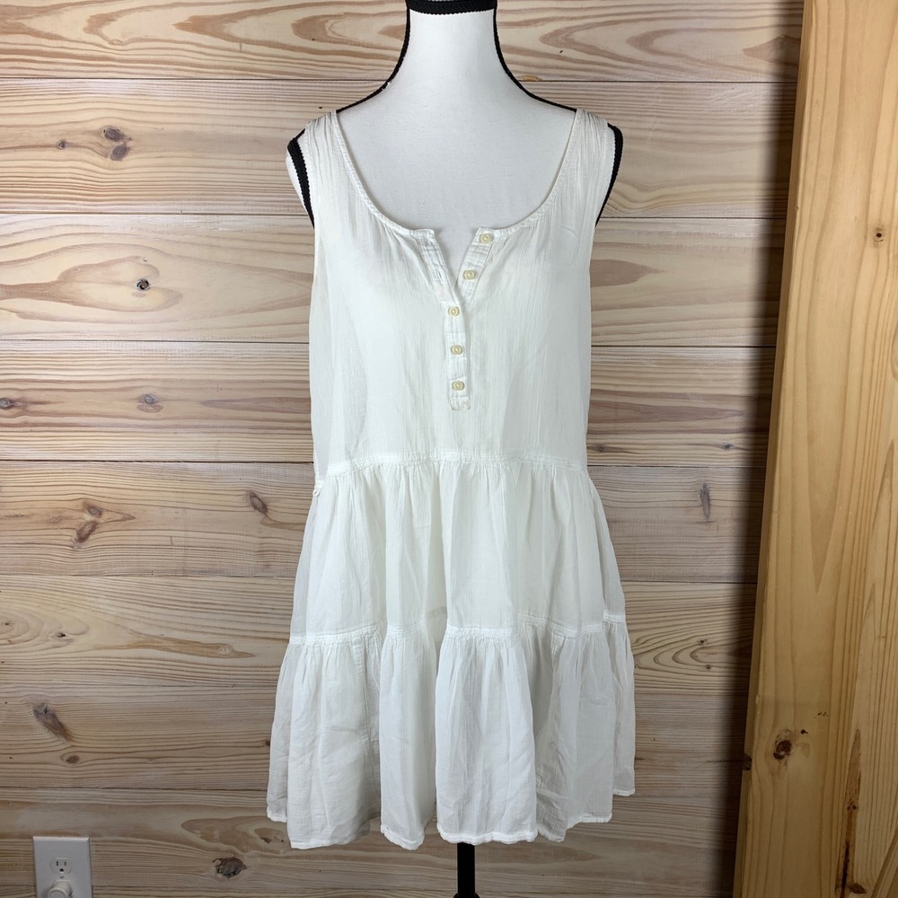 J.Crew Dress Womens Medium White Boho Tiered Cotton Gauze Henley Mini Sheer